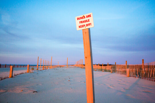 A Keep Off sign and fence on fragile sand dunes, Assateague Island National Seashore, MD