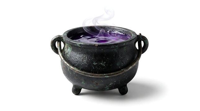 Old black cast iron cauldron with steaming purple magic potion isolated on white background