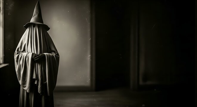 Vintage sepia tintype style photo depicting a mysterious figure in a white sheet ghost costume wearing a tall pointed witch hat inside a shadowy room near a window