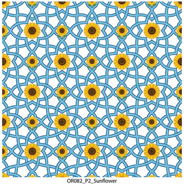 Traditional geometric seamless pattern with sunflowers and blue arabic mosaic tile vector