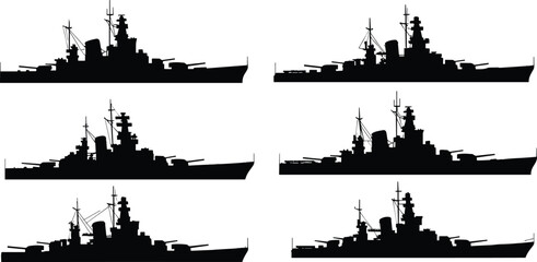 Warship Silhouettes, Battleship Set, Military Ships, Naval Fleet, War, Defense, Vector Design © Atikur