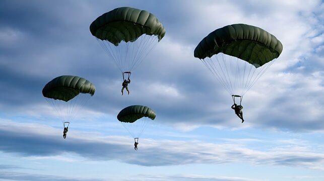 Paratroopers descending with parachutes during military airborne exercise