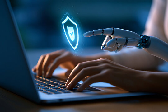 Robot hand interacts with a computer screen showing a shield symbol in a tech-focused setting