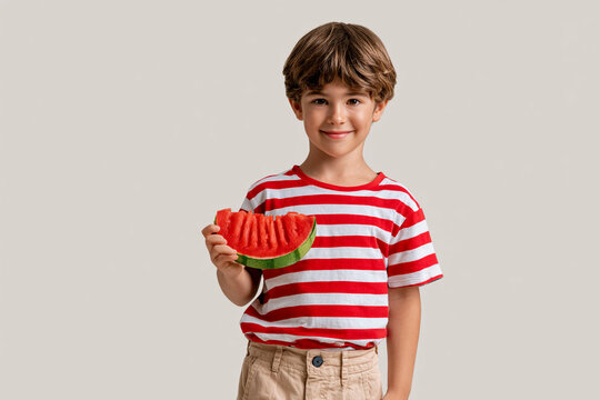 Child holds a slice of watermelon while wearing a striped shirt indoors