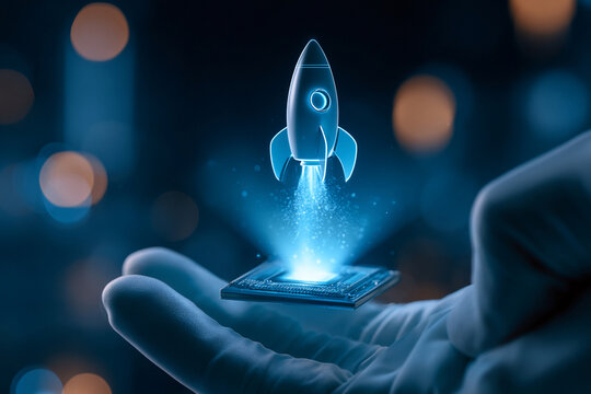 Rocket launching from a computer chip in a hand in a dimly lit space