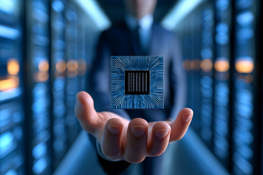 Man holds a computer chip in a data center with server racks in the background