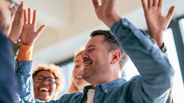 Diverse office team celebrating a shared success with raised hands, smiling faces, and high fives in a bright contemporary workplace gathering