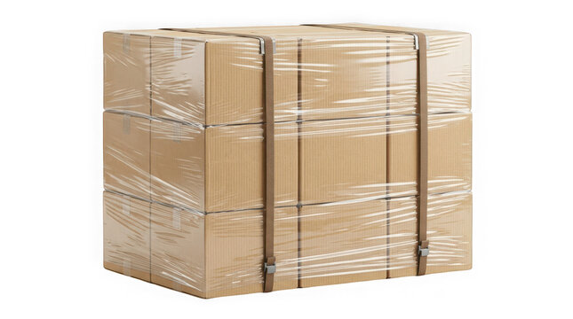 Large stack of cardboard boxes wrapped in plastic film with shipping straps isolated on transparent background