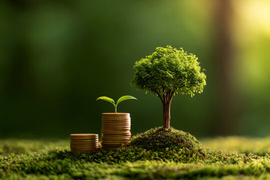 Green plant grows next to coins symbolizing growth and investment in nature