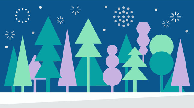 Abstract geometric winter forest landscape with stylized trees and snow