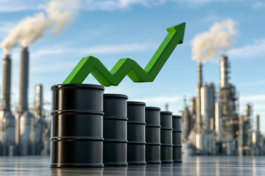 Oil barrels show upward trend in an industrial area with smoke coming from factories