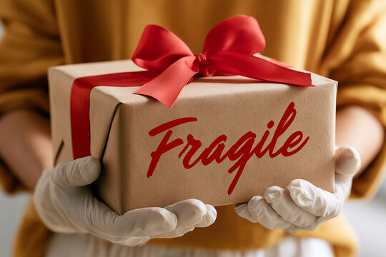Gift wrapped box held by a person wearing gloves with a red ribbon and fragile written on the side