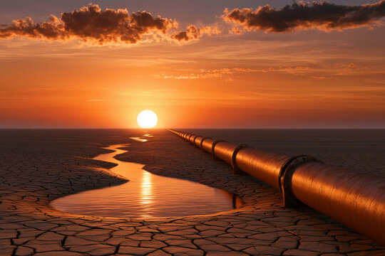 Pipeline stretches across cracked ground under sunset at a remote location with water reflecting the light