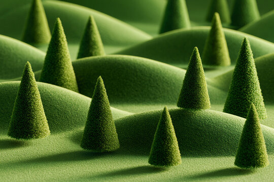 Small green trees on rolling hills with a soft texture and a smooth background showing a calm landscape