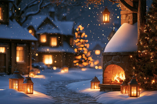 Snowy village scene with glowing lanterns and a festive atmosphere during winter