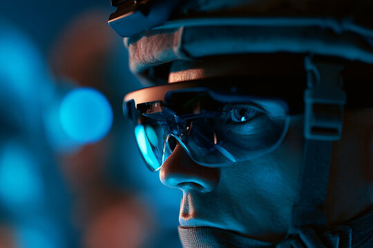 Soldier wearing advanced glasses during a training exercise at night in a high-tech environment