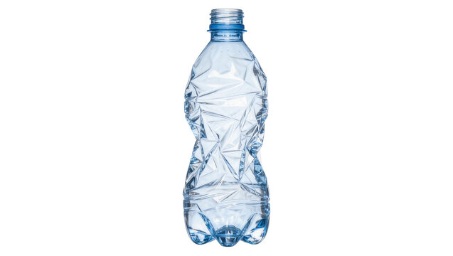 Crushed empty blue plastic water bottle, isolated on transparent background
