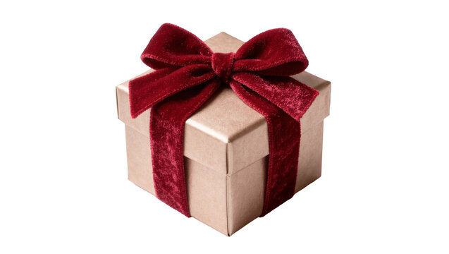 Golden gift box with red velvet ribbon bow, isolated on transparent background