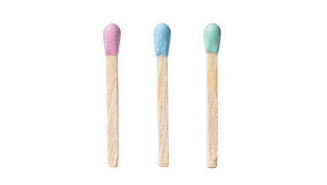 Three wooden matches with pastel colored heads, isolated on transparent background