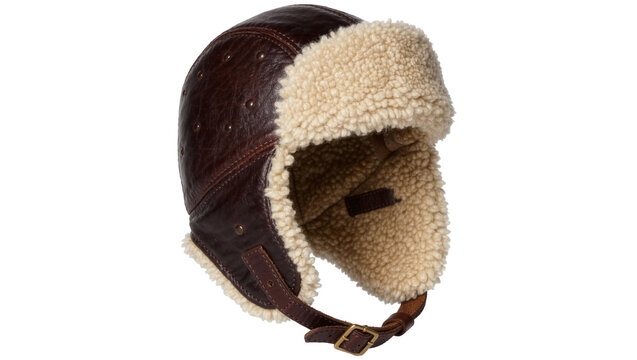 Brown leather aviator hat with cream sherpa lining, isolated on transparent background