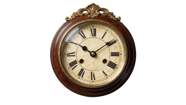 Antique ornate wooden wall clock with Roman numerals, isolated on transparent background