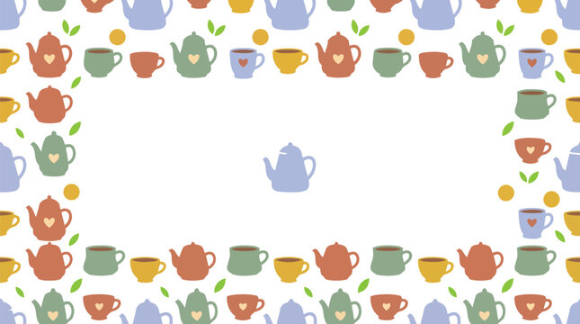 Tea time pattern frame with teapots and cups