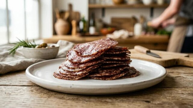 A gleaming stack of freshly cut salami slices, glistening slightly, presented on a round white plate on a rustic wooden kitchen counter.