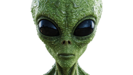 Detailed green alien face with large black eyes, isolated on transparent background © Carlos