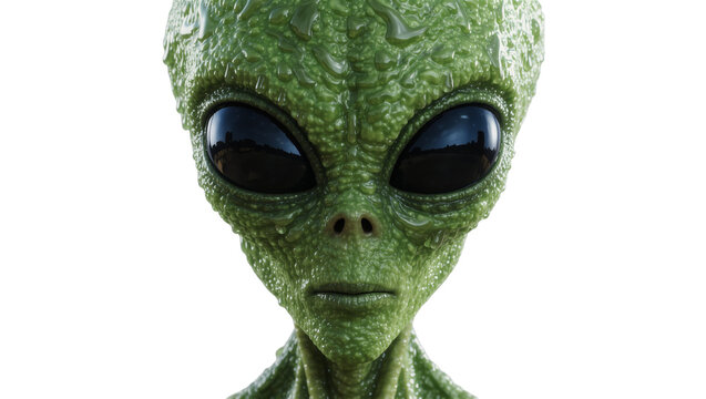 Detailed green alien face with large black eyes, isolated on transparent background