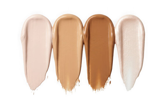 Four different shades of liquid foundation makeup swatches isolated on transparent background