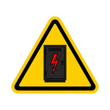 Triangular yellow and black caution safety sign featuring a dark electrical panel symbol with a red lightning bolt icon denoting power hazard and high voltage danger