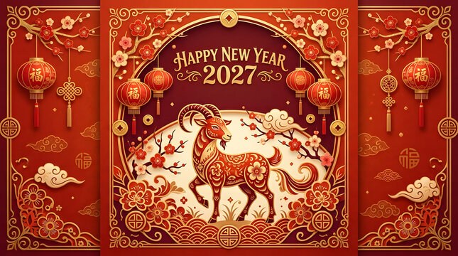 Festive chinese new year twenty twenty seven greeting card featuring a decorative goat zodiac sign and traditional red lanterns isolated on a transparent