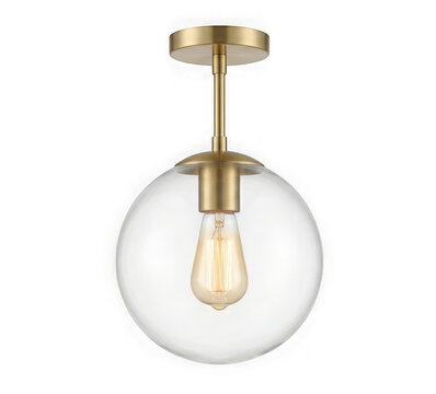 Modern brass ceiling light fixture with a clear glass globe and vintage edison bulb isolated on transparent background