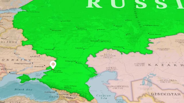 3D Map Animation Highlighting Rostov Region and Taganrog Bay Area with Location Pin in Russia