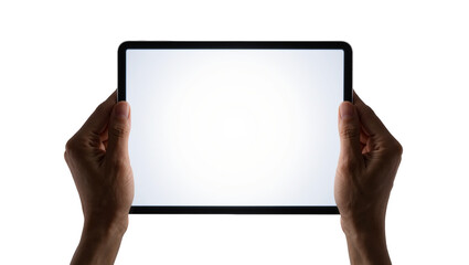 Hands holding a modern tablet computer with a bright blank screen, isolated on transparent background © Carlos