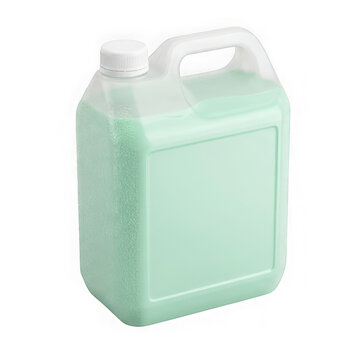 Plastic jug filled with light green liquid cleaning detergent isolated on transparent background
