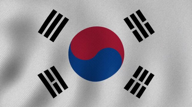 Three south korean national flags repeating horizontally against a white fabric background with gentle flowing motion