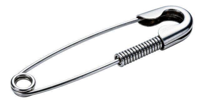 Shiny metal safety pin with coiled spring, isolated on transparent background