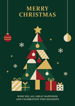 Christmas and Happy New Year Vector poster with Elegant Dark Green Geometric Trees, Red Ornaments, Snowflakes Gold Details