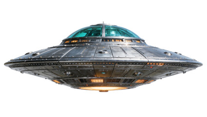 Detailed metallic flying saucer with glowing orange lights and glass dome, isolated on transparent background © Carlos