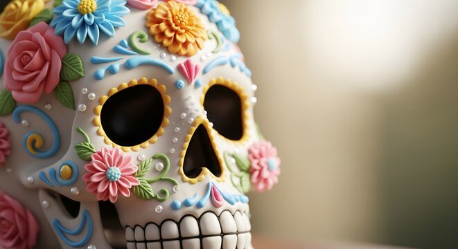 Detailed close up of a decorative sugar skull adorned with vibrant clay roses colorful floral patterns and small glistening rhinestones for dia de los muertos celebrations