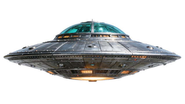 Detailed metallic flying saucer with glowing orange lights and glass dome, isolated on transparent background