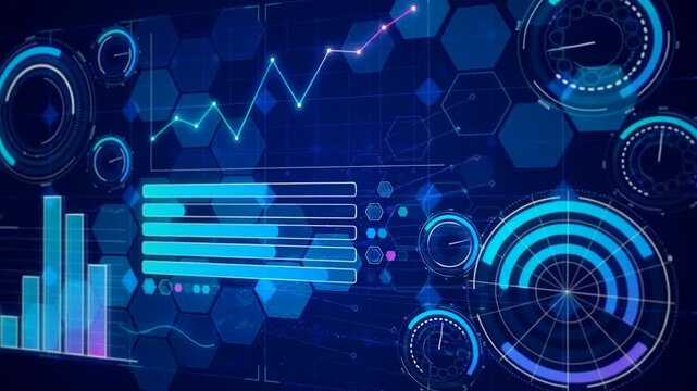 Futuristic data dashboard HUD animation with glowing charts, graphs and gauges on dark blue background, seamless loop