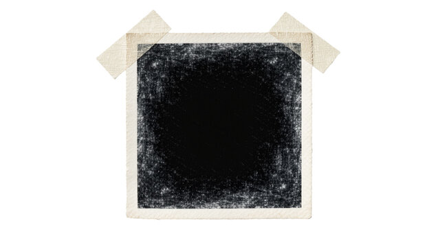 Square instant photo frame with textured black center taped with beige masking tape, isolated on transparent background