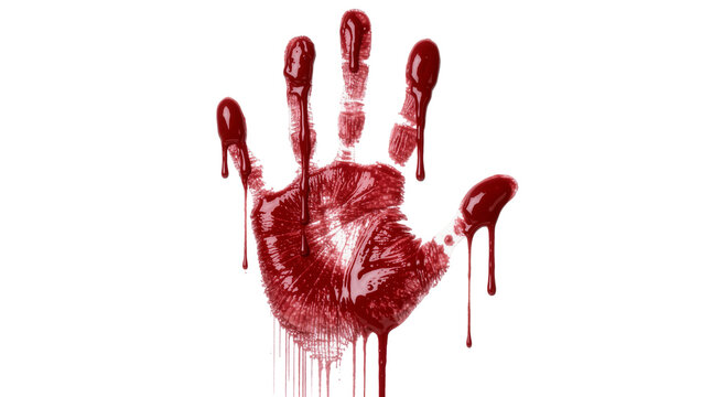Bloody handprint with dripping red liquid, isolated on transparent background