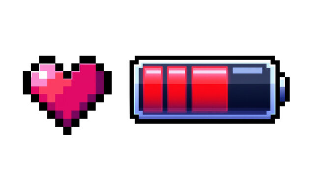 Pixelated pink heart and red battery level indicator, isolated on transparent background