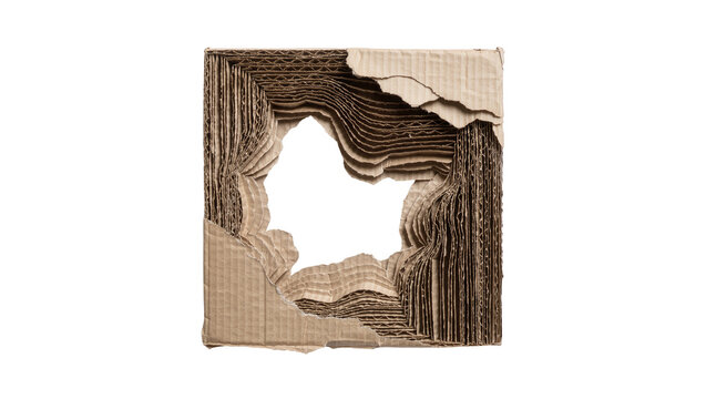 Torn corrugated cardboard frame with layered edges, isolated on transparent background
