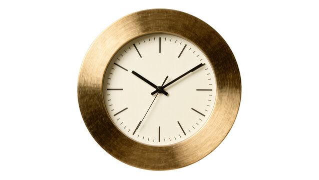 Brushed brass analog clock face with cream dial and black hands, isolated on transparent background