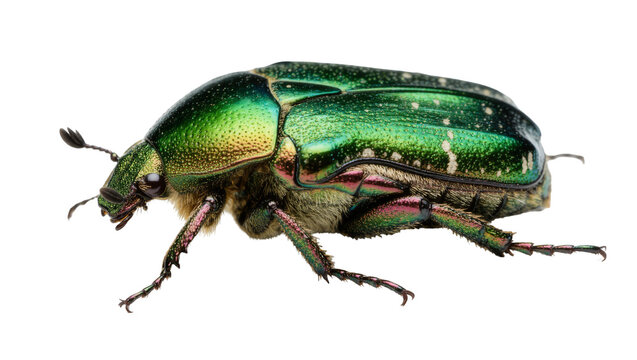 Metallic green scarab beetle with iridescent sheen, isolated on transparent background