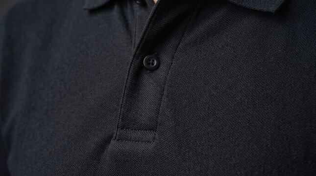 Close Up Black Polo Shirt Placket Collar Fabric Detail Blank Apparel Mockup
